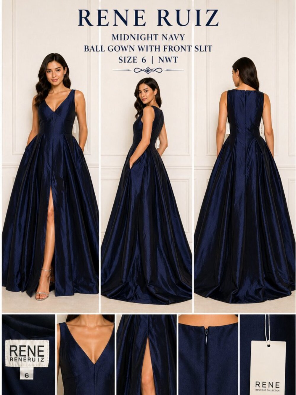 RENE RUIZ MIDNIGHT NAVY BALL GOWN SLIT SZ 6 NWT